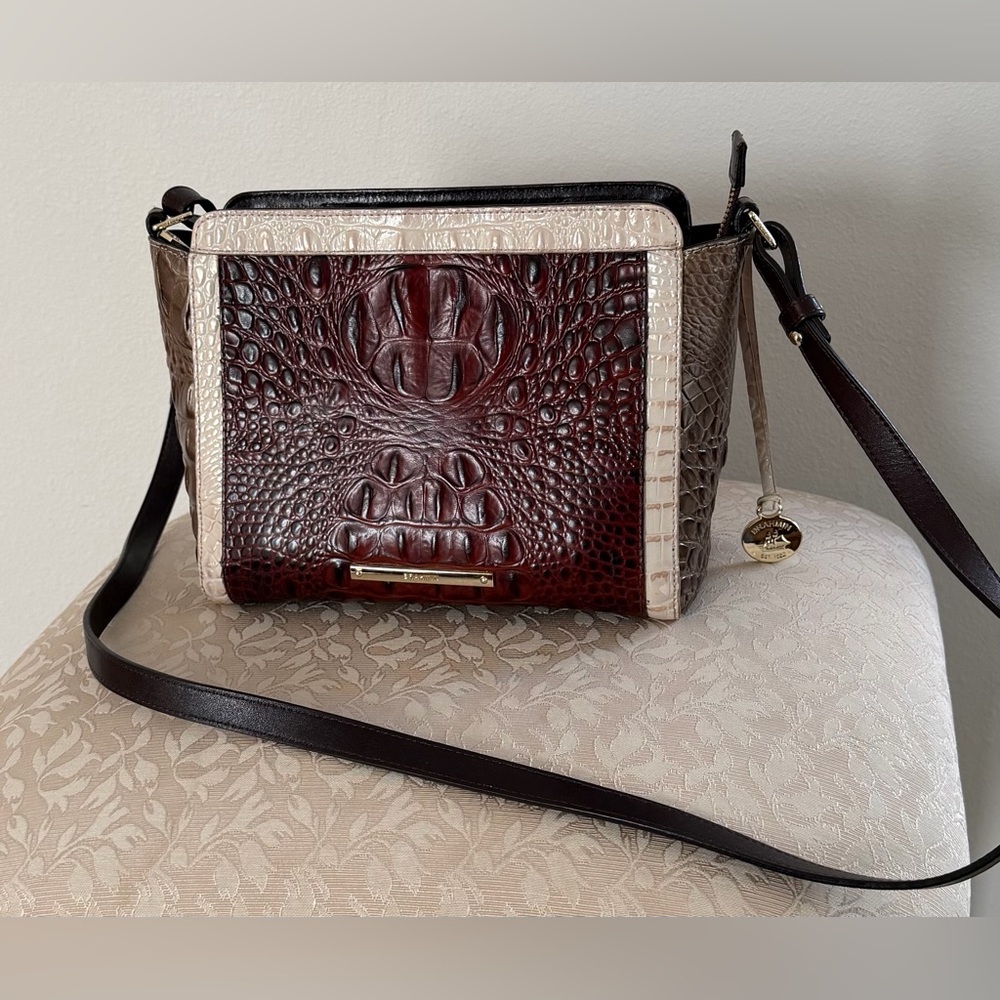 Brahmin Brown and Cream Croc-Embossed Crossbody Bag